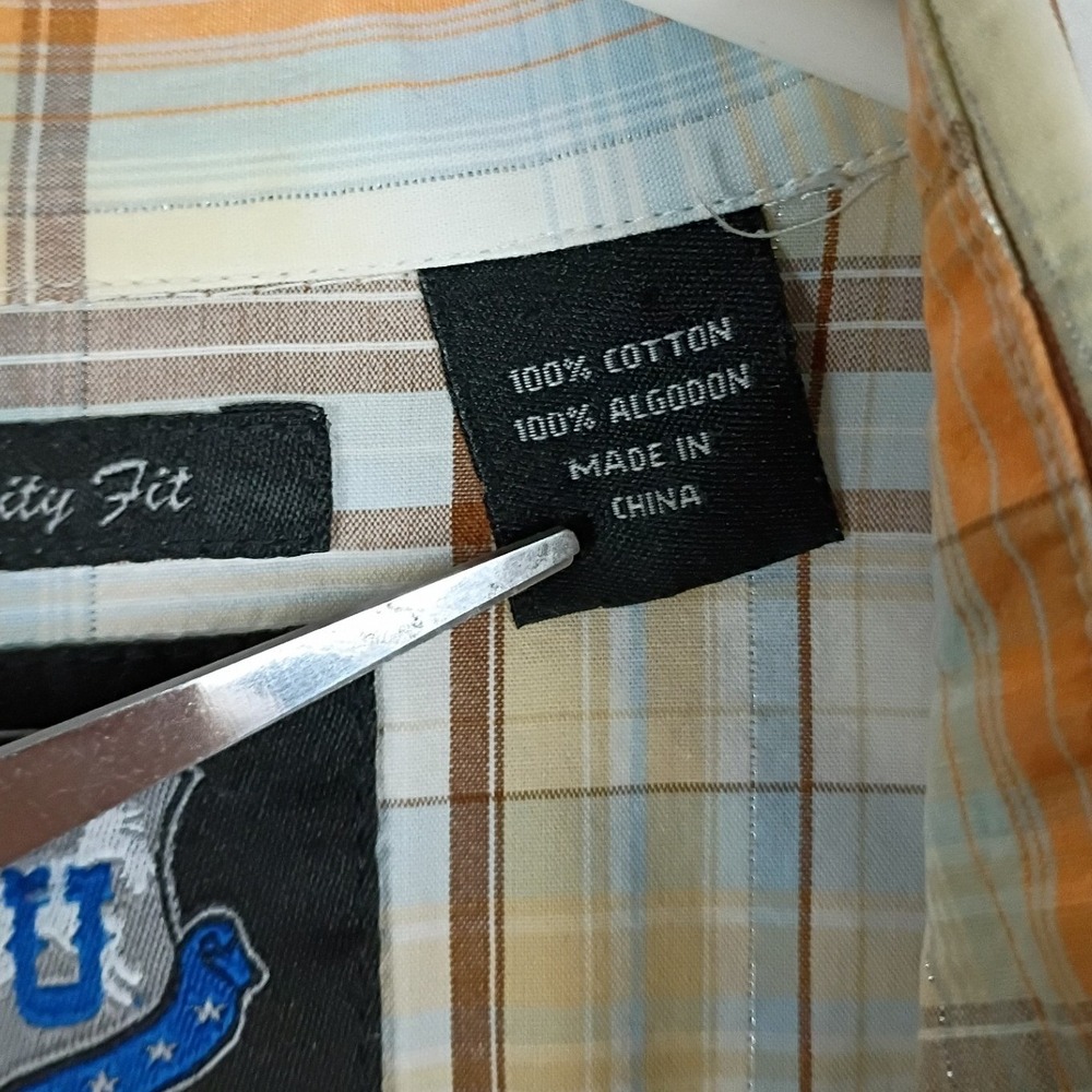 Resistol University‎ Pearl Snap Shirt Mens L Orange Plaid Western Cowboy Cotton - Picture 4 of 12